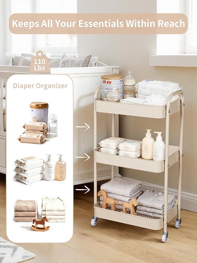 Fortella Baby Diaper Caddy, 3 Tier Rolling Storage Cart for Baby Essentials, Diaper Cart with Detachable Dividers, Storage & 