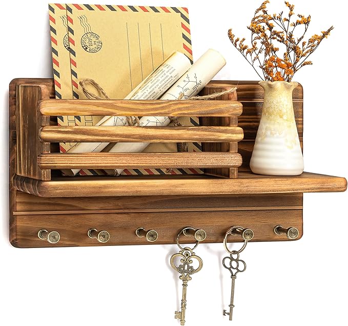 Rebee Vision Pine Wood Key Holder Wall Mount - Key Holder for Wall with Mail Slot Can Store Letters and Papers - Rustic Farmh