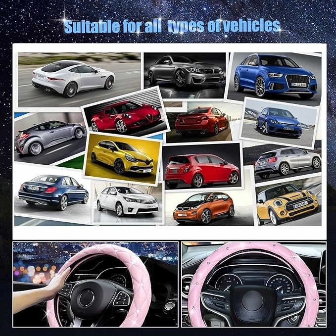 SuperKaKa Pink Steering Wheel Cover 2026, Auto Cute Diamond Bling Comfort Leather Girly Car Interior Accessories Protector Sp