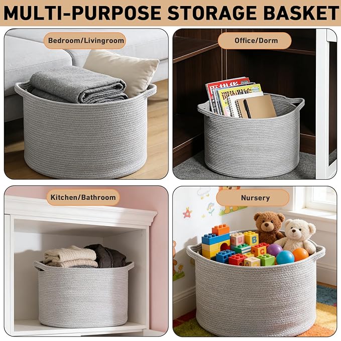 65L Large Blanket Basket,Cotton Rope Woven Storage Basket with Handles, Laundry Hamper for Toys, Clothes, Pillows & Towels, P