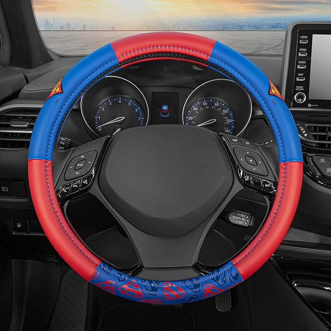 BDK Warner Bros DC Comics Superman Car Accessories Ergonomic Grip Steering Wheel Cover - Universal Size 14.5-15.5 in Diameter, Protects and Insulates for Car, Truck, Van, SUV