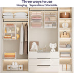 SWTYMIKI Hanging Closet Organizer Storage - 3 Tier Metal Stackable Hanging Closet Shelves with Dividers and S Hooks, Foldable