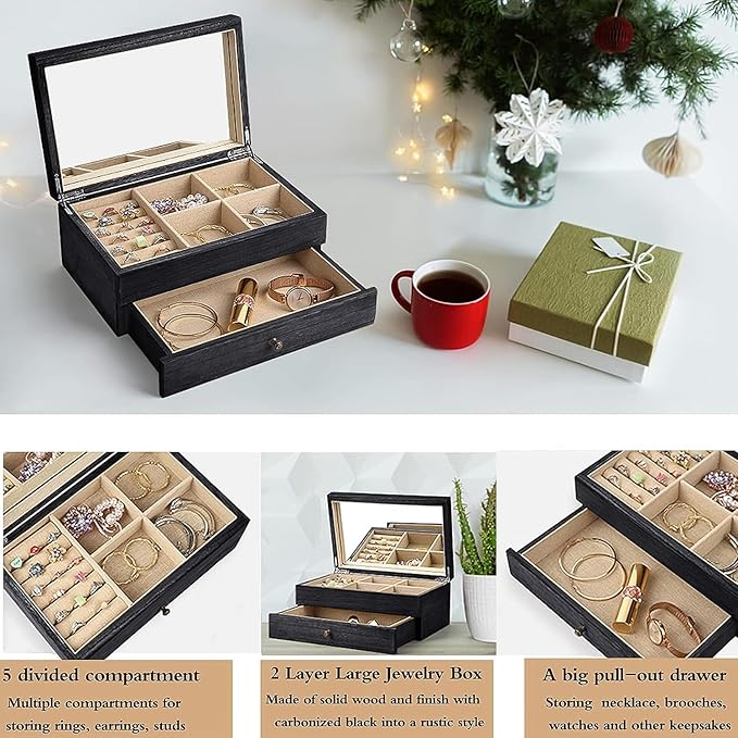 Meangood Jewelry Box Organizer for Women, 2 Layer Large Jewelry Storage Case, Rustic Wooden Jewelry Box with Mirror & Ring Tr