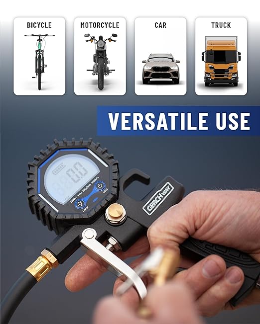 Digital Tire Pressure Gauge with Inflator (3-200 PSI), Heavy Duty Air Chuck and Compressor Accessories with Swivel Air Chuck, Longer Hose, Large Display (0.1 Res)