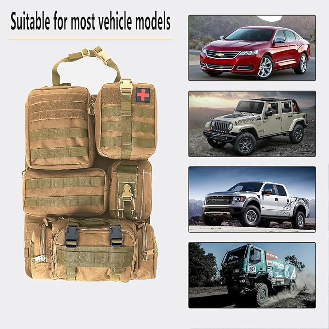 tactical car seat back organizer and storage truck seat covers with a Molle Vehicle Panel and 5 Different Size Molle Pouches for most models such as Jeep,SUV,Pickup(Khaki)