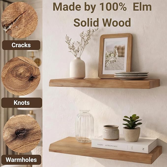 PERFNIQUE 24 Inch Floating Shelves Set of 2, Solid Elm Wood Rustic Live Edge Wall Decor Shelves - Invisible Bracket Mount for