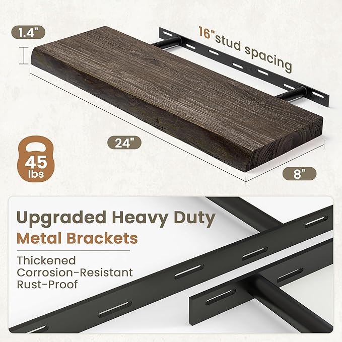 Fun Memories Floating Shelves for Wall Decor Set of 2-24 Inch Solid Elm Wood Live Edge - Rustic Walnut Wall Shelves with Invi