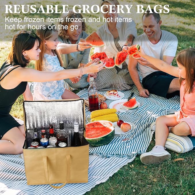 3 Pack XL-large Insulated Reusable Grocery Bags Foldable Cooler Bag Collapsible Shopping Tote for Groceries Stands Upright Storage Bags with Zippered Top and Handles for Food Deliver(Beige)