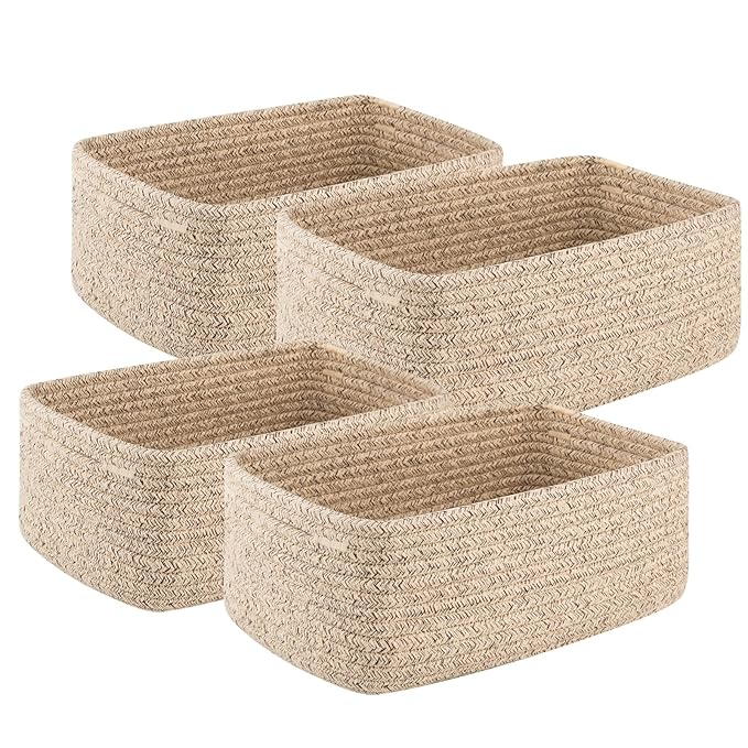 OIASKET 4 Pack Small Storage Shelf Baskets for Organizing, Mini Woven Rope Storage Bins for Towels, Cute Decorative Closet Or