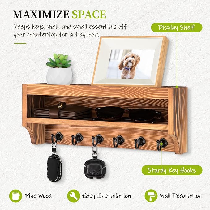 Nekon Key Holder Wall Mount, 12.8" W x 5.6" H x 3.7" D Wall Mounted Key and Mail Organizer with 6 Key Hooks, Key Racks for Ho
