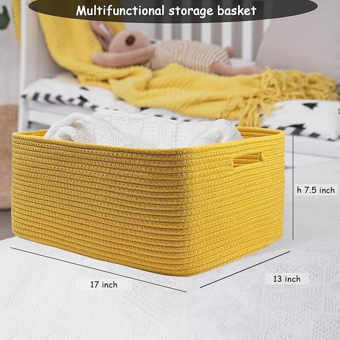 COMFY-HOMI 3 pcs Large Storage Baskets for Shelves, Laundry Basket, Woven Rope Basket, Closet Organizer Bins for Clothes Blan