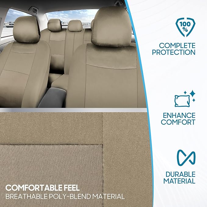 BDK OS-309-AB Tan Trim Black Car Seat Covers Full 9 Piece Set, Sleek & Stylish, Split Option Bench 5 Headrests Front & Rear B