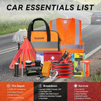 Car Emergency Safety Kit Bag with Portable Air Compressor, Jumper Cables,First Aid Kit, Tire Pressure Gauge, Auto Vehicle Saf