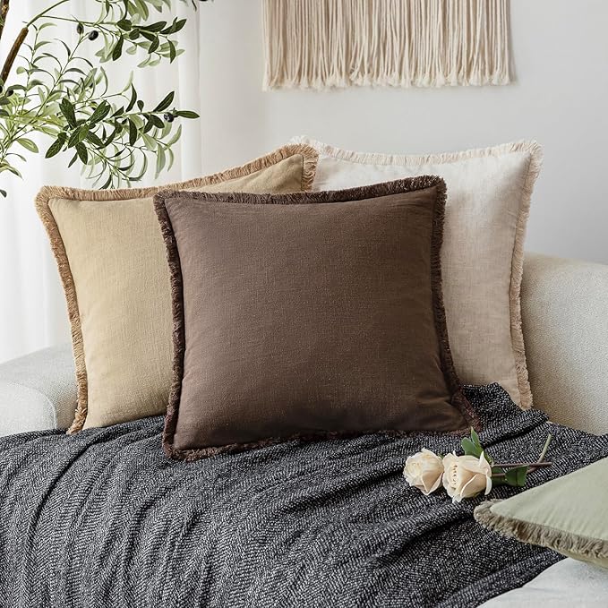 Foindtower Set of 2 Decorative Linen Fringe Throw Pillow Covers Cozy Boho Farmhouse Cushion Cover with Tassels Soft Accent Pi