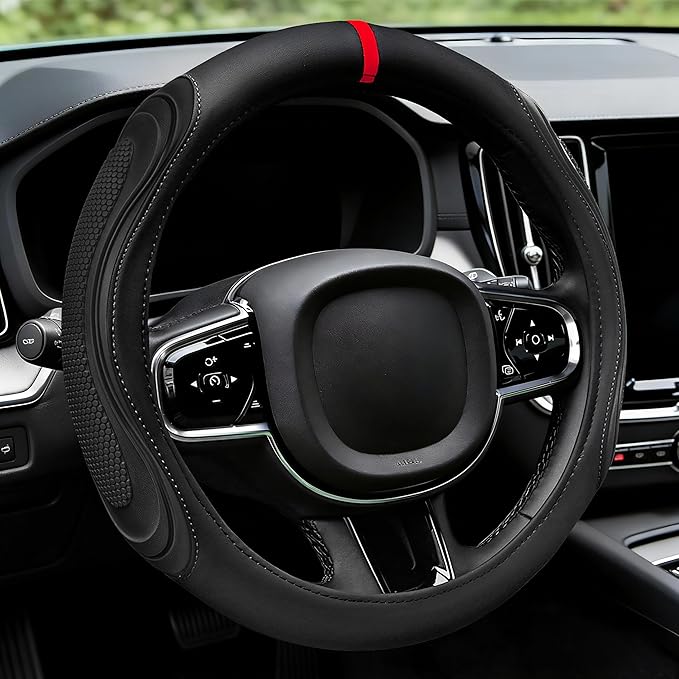 XCBYT Steering Wheel Cover - Black Leather Steering Wheel Wrap Great Grip with 3D Honeycomb Quick and Effortless Installation
