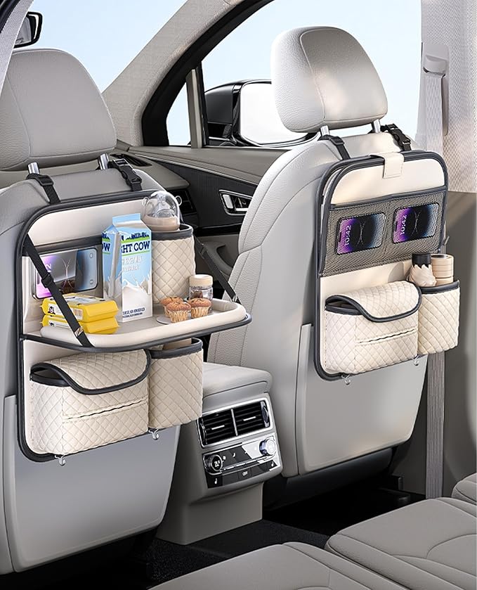 Car Seat Organizer, Backseat Organizer with Foldable Table Tray & Cup Holder, Leather Car Storage for Kids, Women & Mobile Makeup Station, Road Trip Essentials for SUV, Truck, Car (Beige)