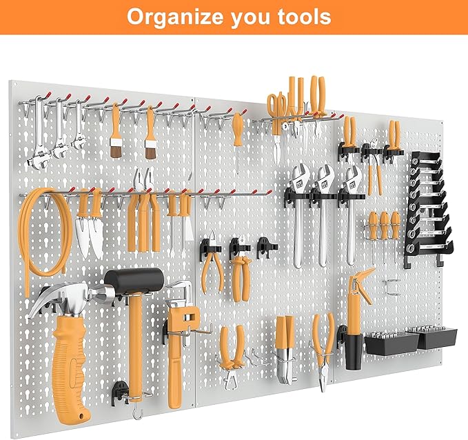WALMANN Metal Pegboard Tool Organizer Boards with Pegboard Hooks, 24x48 in Tools Organizer Pegboard for Garage, Workbench, Pe
