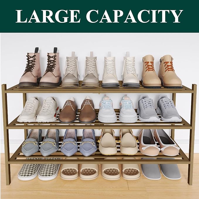 Smiry Long Bamboo Shoe Rack 3-Tier, Stackable Wooden Shoe Organizer for Entryway & Closet, Free Standing Wood Shoe Storage Sh