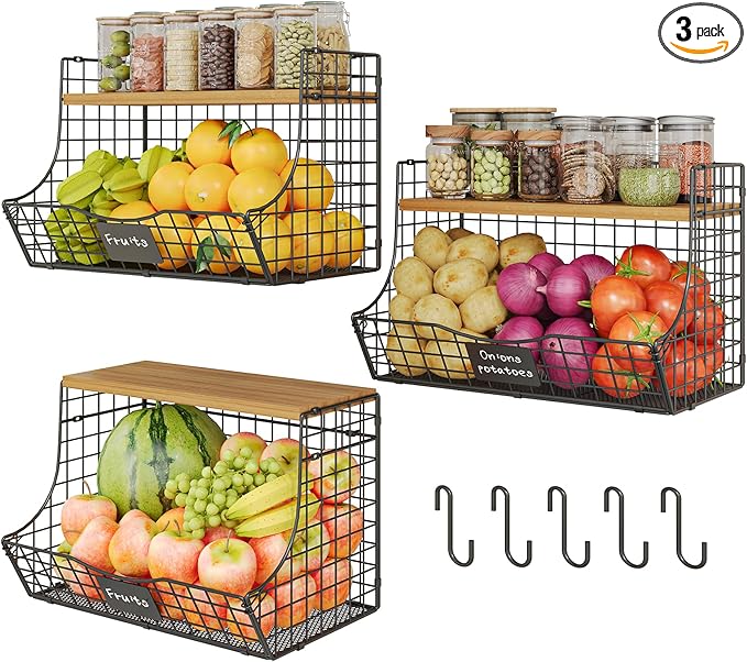 3 Pack Extra Large Fruit Basket for Kitchen with Wood Lid Nameplate - Counter&Wall Mounted Onion and Potato Storage Bin, Stac