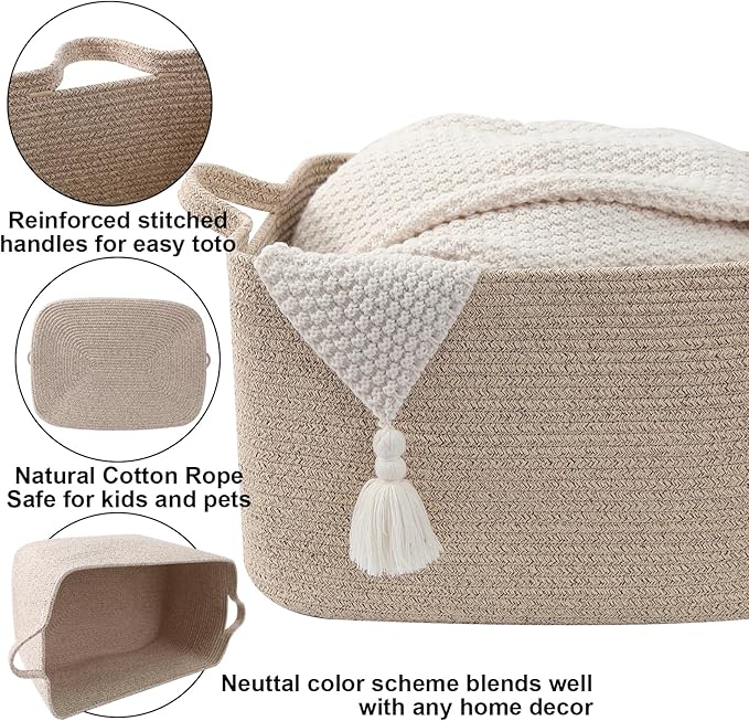 96L Large Blanket Basket,24"x16"x15"Rectangle Storage Bin with Handles,Woven Rope Laundry Basket for Toys, Clothes,Magazines,