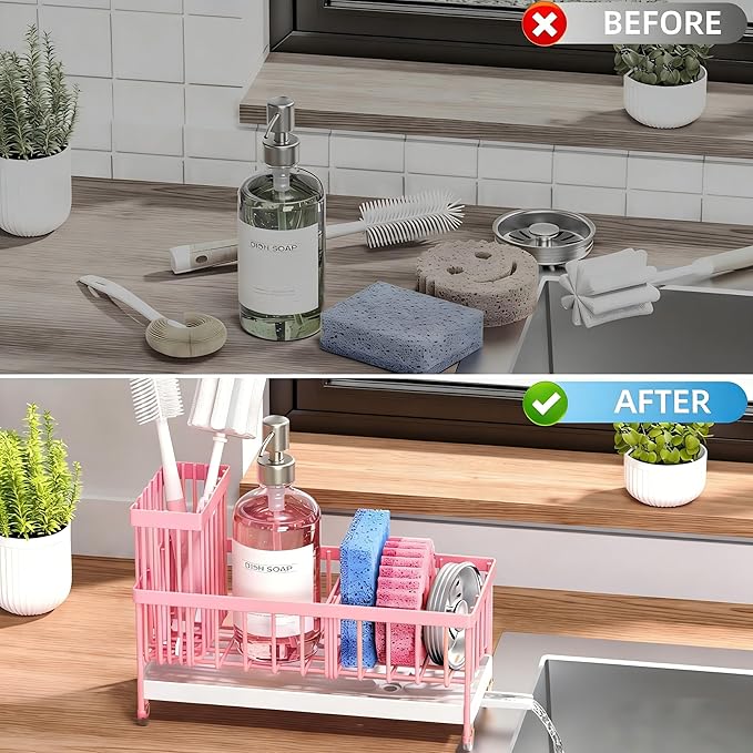 Cisily Sponge Holder for Kitchen Sink, Sink Caddy Organizer with High Brush Holder, Kitchen Countertop Organizers and Storage