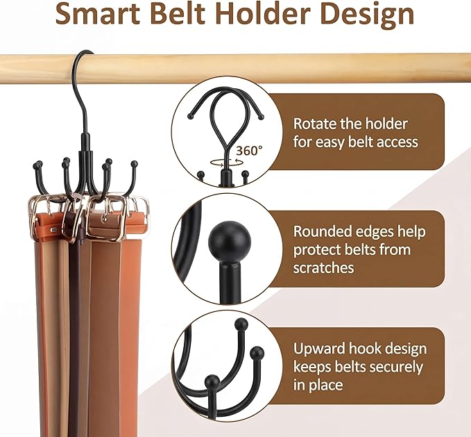 ZEDODIER 2 Pack Belt Organizer for Closet, Heavy-Duty Rotating Belt Hanger Rack Holds up to 48 Belts, Hanging Space Saving Me