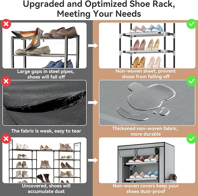 ROJASOP Shoe Rack with Covers 10 Tier Large Shoe Organizer Tall Shoe Closet Storage for 20-22 Pairs Shoe and Boot, Free Stand