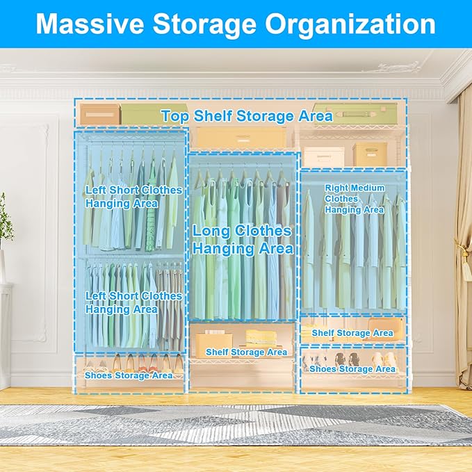 Ulif E13C Heavy Duty Closet Organizer System，Freestanding Clothing Racks for Hanging Clothes，Adjustable Garment Rack 63" W x 