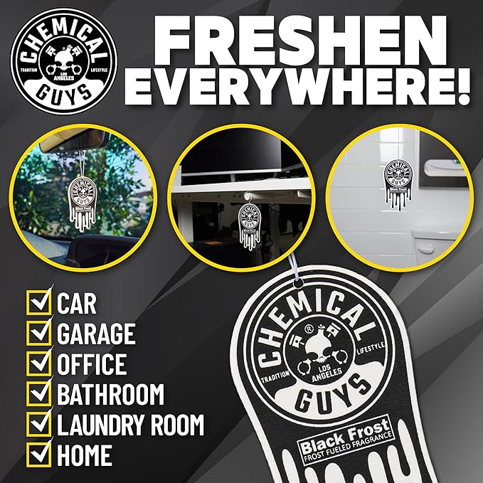 Chemical Guys Hanging Air Freshener, Black Frost Scent 6 Pack, Great for Cars, Trucks, SUVs, RVs, Home, Garage, Workspace, Do