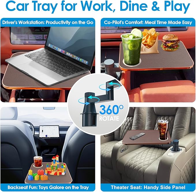 Car Tray& Car Desk for Laptop,Dual 360° Rotating,Anti Slip Leather Surface, Food Tray, Cup Holder Table Compatible with Tesla Model Y/3/S, Ford F150/Explorer/Maverick/Home Theater Seating (Brown)