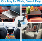 Car Tray& Car Desk for Laptop,Dual 360° Rotating,Anti Slip Leather Surface, Food Tray, Cup Holder Table Compatible with Tesla Model Y/3/S, Ford F150/Explorer/Maverick/Home Theater Seating (Brown)