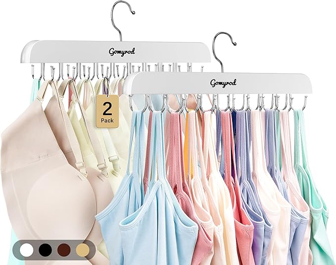 Gomyrod Bra Hanger for Closet, 2 Pack Tank Top Hanger w/20 Hooks Capacity Foldable Wood Space Saving Hangers, 360°Rotating Cl