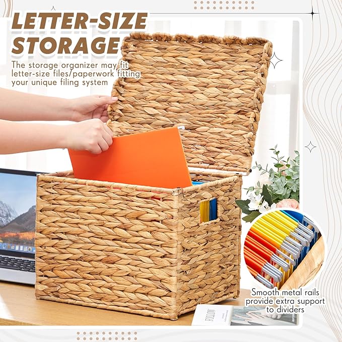 Jingmore Water Hyacinth File Storage Box with Scalloped Lid Collapsible Letter Size Hanging Filing Organizer Basket for Home 