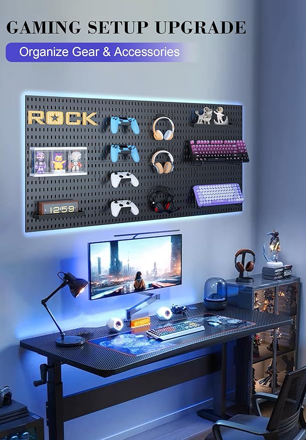 Pegboard Wall Organizer Set – 4 Peg Boards with Hooks & Shelves – Office, Kitchen, Gaming Room Desk Pegboard Storage – Peg Bo