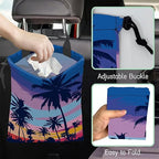 Palm Trees Car Garbage Bag,Sunset Waterproof Small Car Trash Bag Hanging Back of Seat,Drawstring Hanging Car Trash Bag with Adjustable Buckle for Car Accessories
