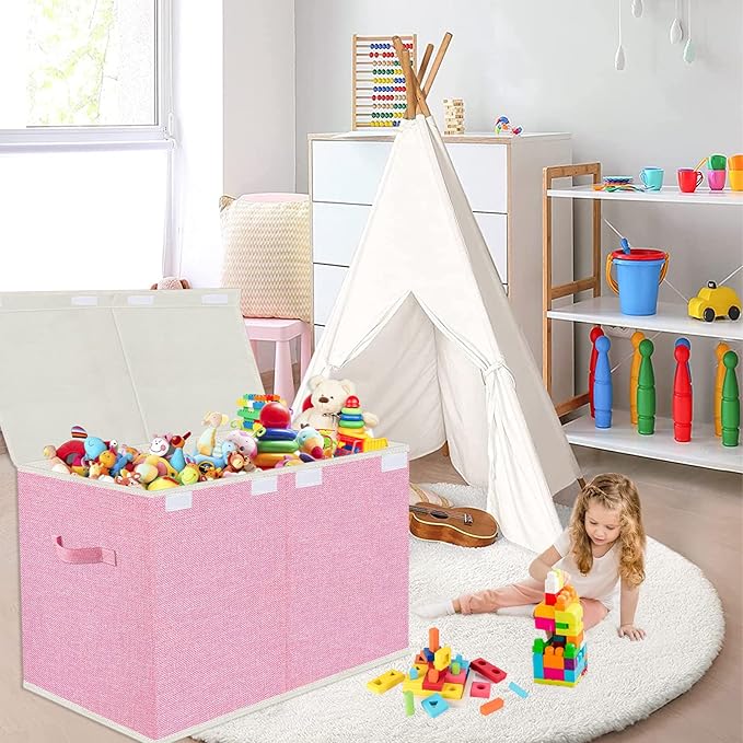 VERONLY Large Collapsible Toy Storage Box with Lid & Handles - Kids Organizer Chest for Toys, Clothes, Blankets (Pink, Nurser