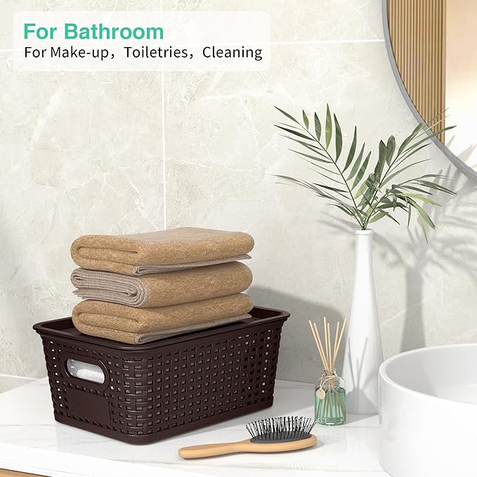 8-Pack Brown Plastic Storage Baskets with Lids, Label Organizers, Stackable Organizer Containers: For Organizing Shelves, Dra