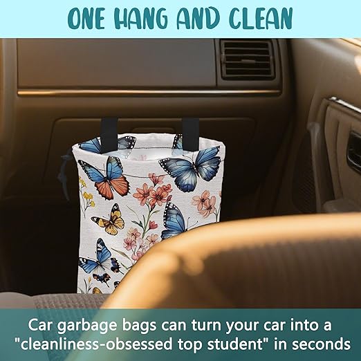 Car Trash Bag Colorful Butterfly Floral Leak-Proof Car Garbage Bag with Drawstring Foldable Canvas Trash Bin with Adjustable Buckle for Car Accessories, Travelling, Camping