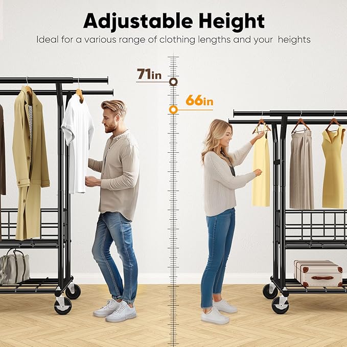 HOKEEPER Heavy Duty Clothes Rack Load 635 LBS, Clothing Rack for Hanging Clothes, Adjustable Black Double Rod with Metal Bask