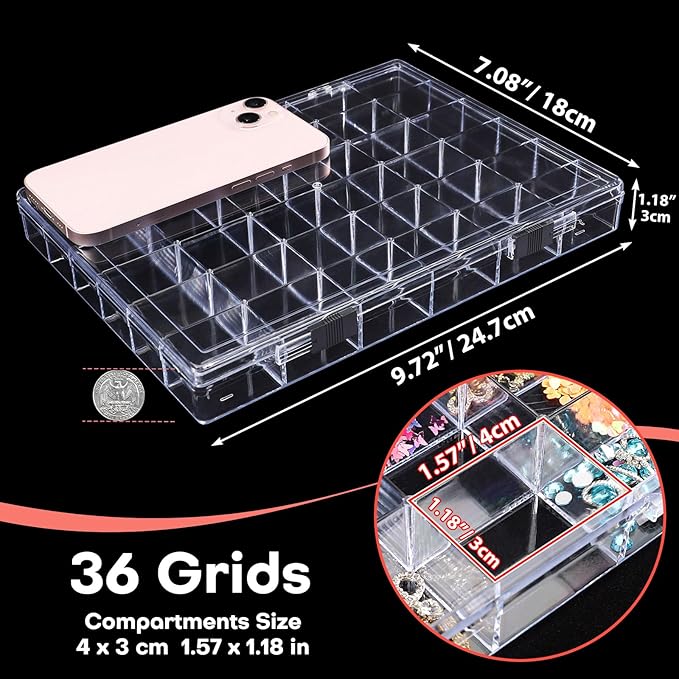 Noverlife 36 Grids Clear Plastic Jewelry Organizer Box, Nail Charm Holder Double Buckle Bead Organizer Storage Container Box,