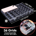 Noverlife 36 Grids Clear Plastic Jewelry Organizer Box, Nail Charm Holder Double Buckle Bead Organizer Storage Container Box,