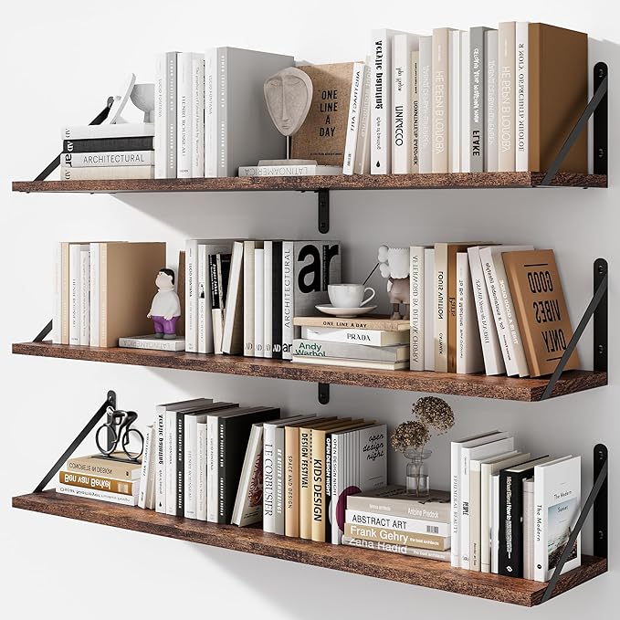 Floating Shelves for Wall, 36W x 8D Wide Bookshelf with Brackets Set of 3, Wood Wall Mounted Shelves for Living Room, Kitchen