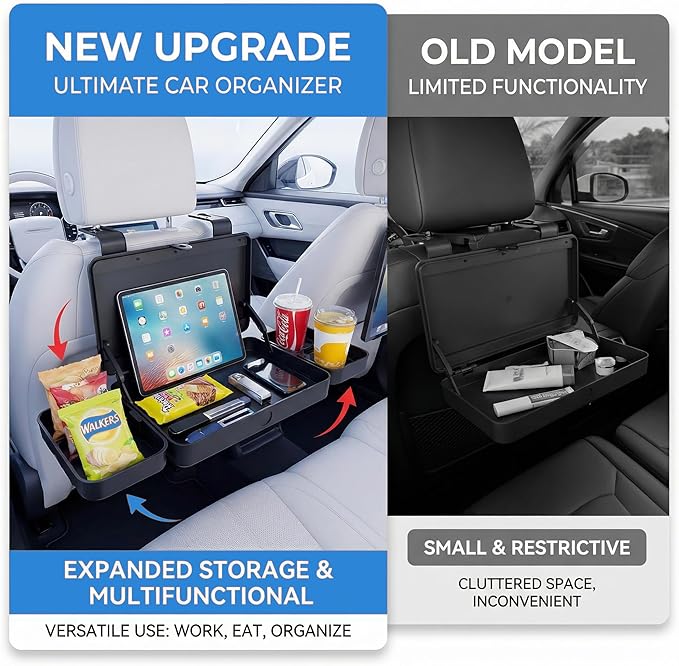 Car Back Seat Tray Table - Foldable & Adjustable Travel Desk for Eating, Working, Gaming | Sturdy Plastic Snack Lap Tray for Adults | Fits SUV, Sedan, Minivan (Folding Storage Box)