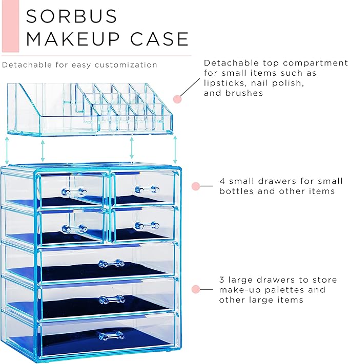 Sorbus Acrylic Makeup Organizer Set, 7-Drawer Vanity & Countertop Cosmetic Storage with Small & Wide Compartments, Blue Brill