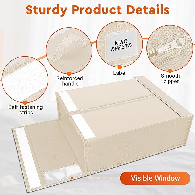 StorageTastic 4 Pack Bed Sheet Closet Organizers and Storage,Sturdy Foldable Storage Containers with Window and Label,Storage