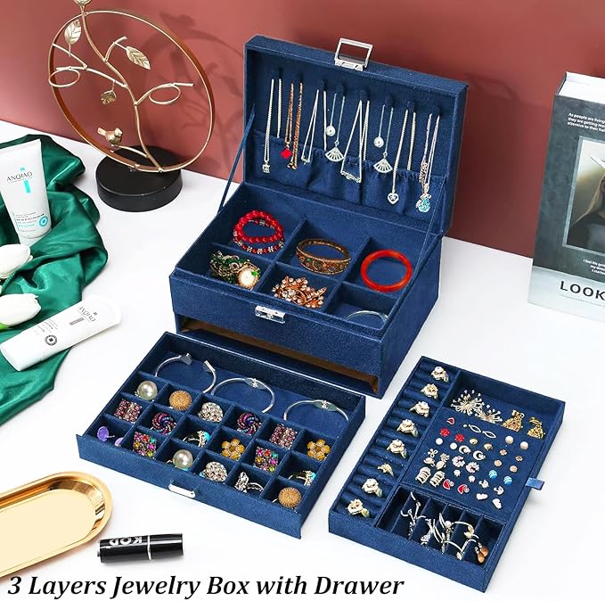 QBestry 3-Layer Jewelry Box for Women with Lock and Key & Drawer, Large Jewelry Organizer with 8 Necklace Hooks & 56 Earring 
