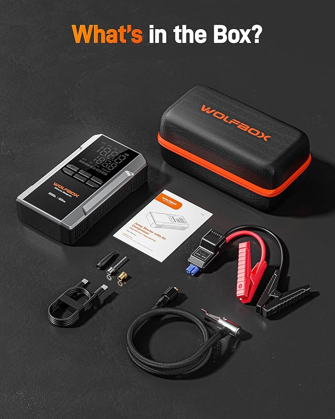 WOLFBOX 3000A Jump Starter with Air Compressor, 59.2Wh&160PSI Portable Car Battery Jump Starter with 65W Fast Charge, 12V