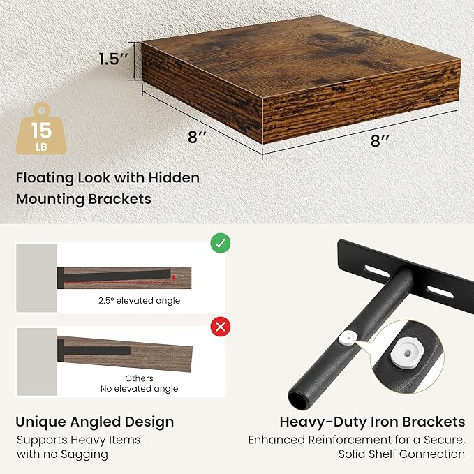 Fun Memories Floating Shelves for Wall, Rustic Wood Wall Mounted Shelves for Bathroom, Bedroom, Living Room and Kitchen, Stor