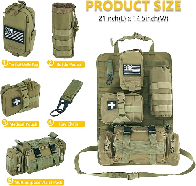 Universal Tactical Car Seat Back Organizer Bag - Molle Vehicle Organizers Panel with 4 Detachable Pouches (Military Green)