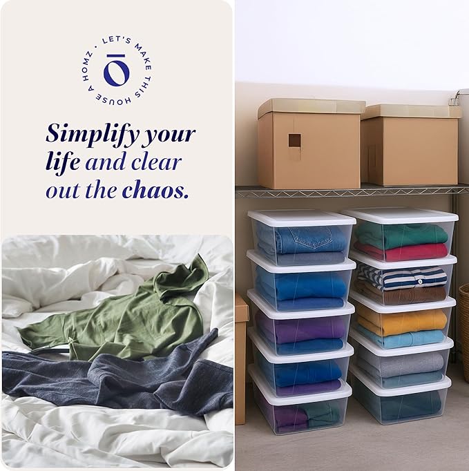 HOMZ 10-Pack Snaplock, Small Clear Plastic Storage Organizer Bins w/ Lids, 6 Quart, White - Stackable Container Boxes for Bed